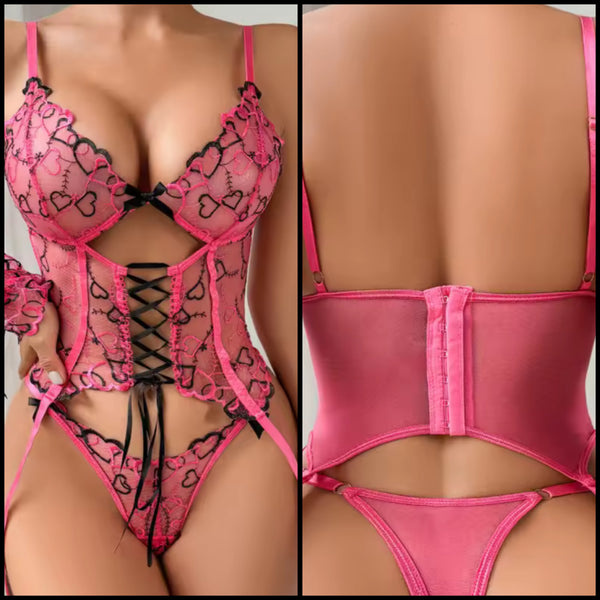 Women Sexy Pink Heart Print Mesh Lingerie Set
