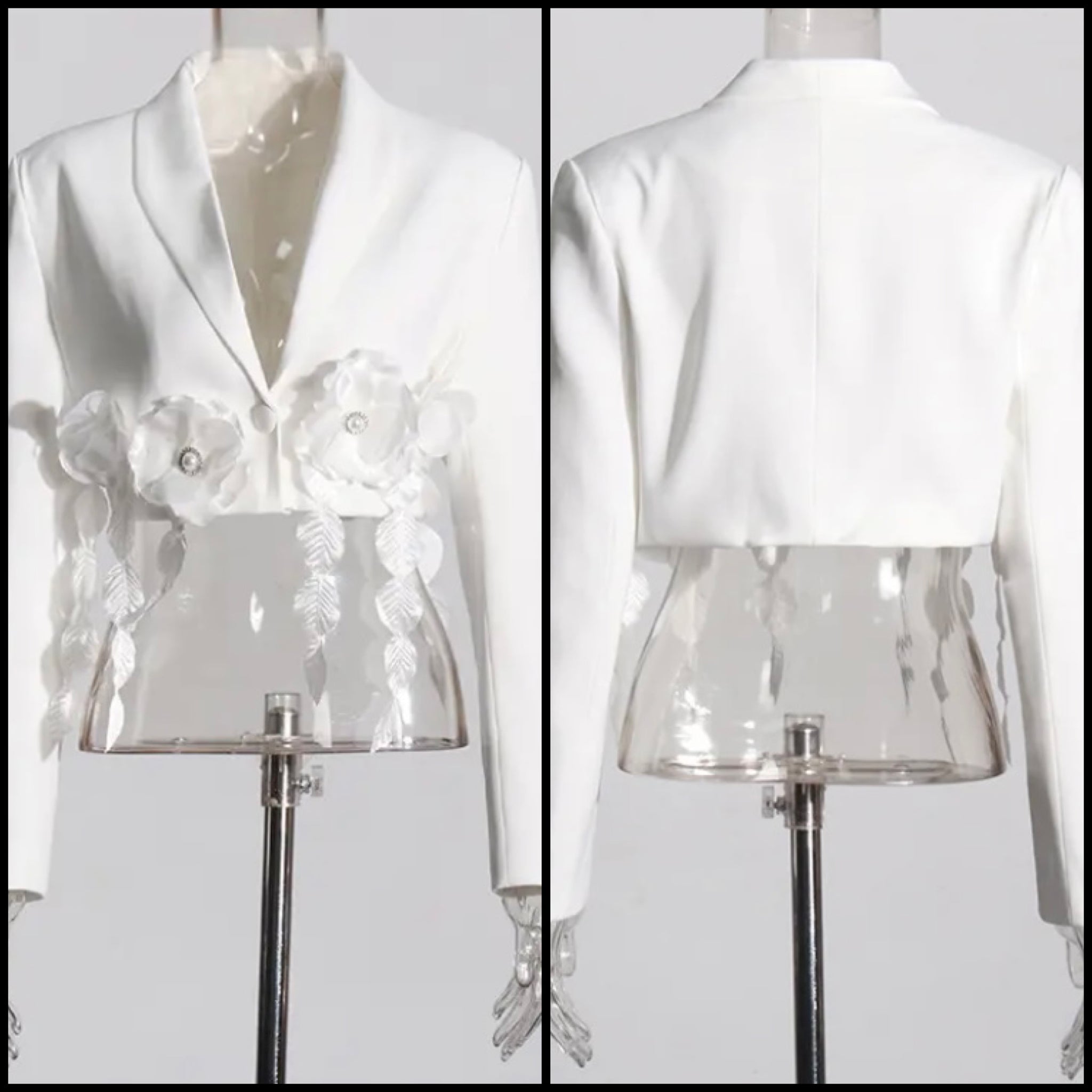 Women White Floral Patchwork Crop Blazer Top