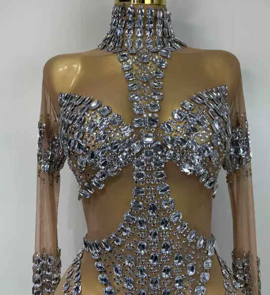 Women Sexy Fashion Rhinestone Mesh Full Sleeve Jumpsuit