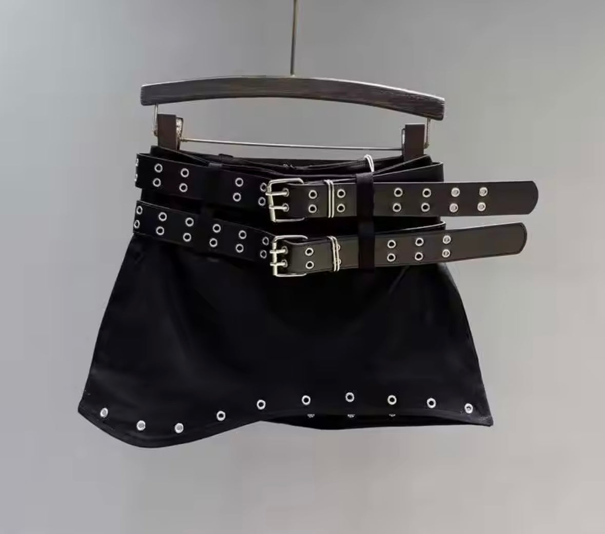 Women Fashion Double Belt Rivet Denim Skirt