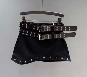 Women Fashion Double Belt Rivet Denim Skirt