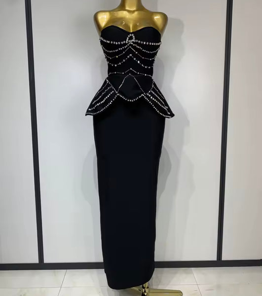 Women Strapless Rhinestone Beading Black Sexy Maxi Dress