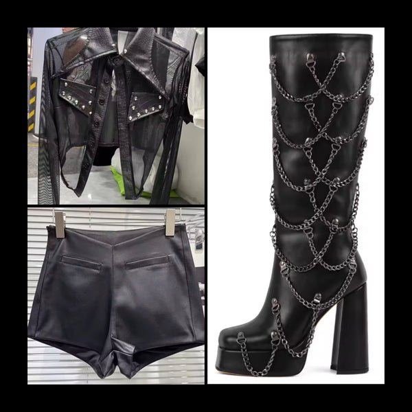 Women Fashion Black Chain Platform Knee High Boots