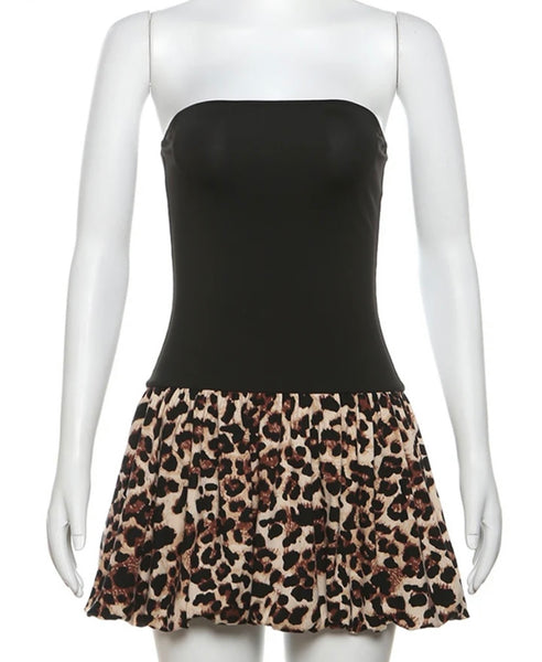 Women Sexy Strapless Black Animal Print Patchwork Dress