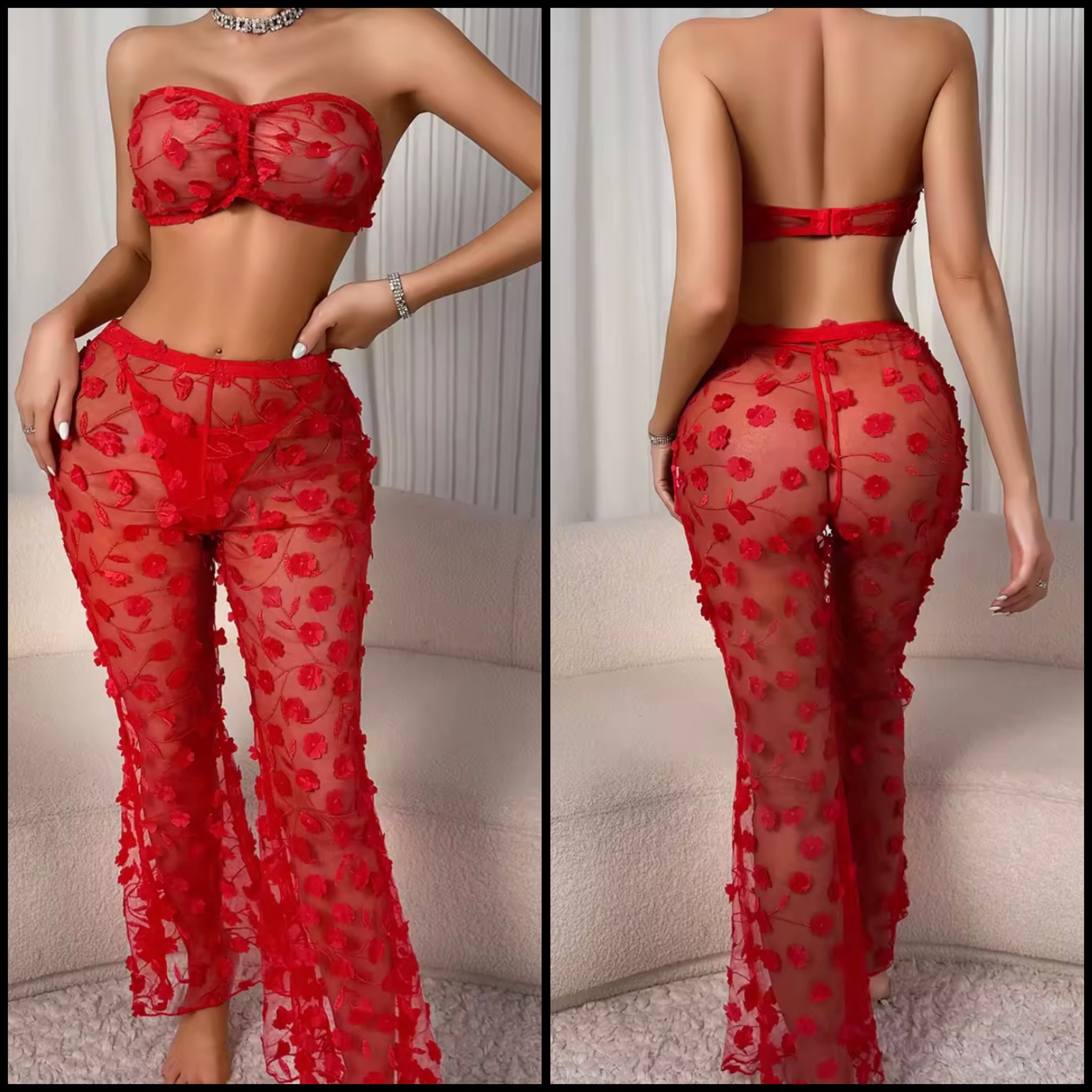 Women Red Sexy Strapless Floral Mesh Three Piece Lingerie Set