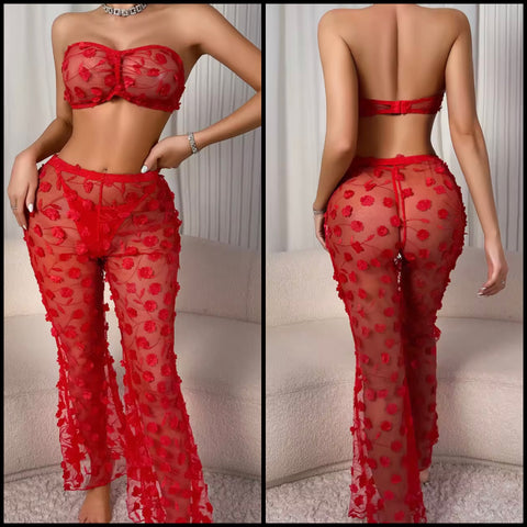 Women Red Sexy Strapless Floral Mesh Three Piece Lingerie Set