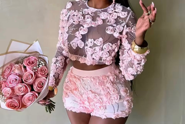 Women Pink Floral Sexy Mesh Full Sleeve Two Piece Short Set