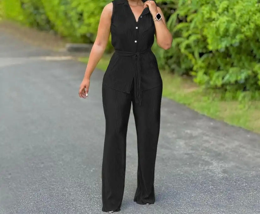 Women Button Up Sleeveless Solid Color Two Piece Pant Set
