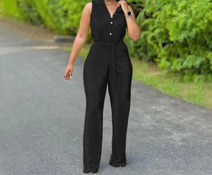 Women Button Up Sleeveless Solid Color Two Piece Pant Set