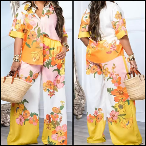 Women Fashion Button Up Printed Short Sleeve Two Piece Pant Set
