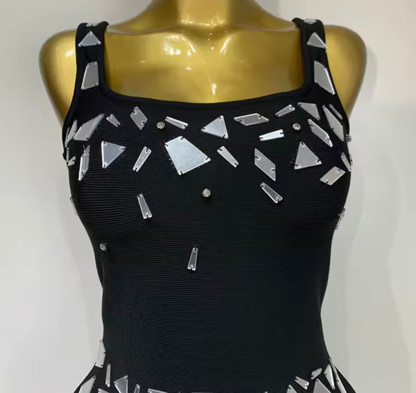 Women Black Sexy Sleeveless Mirror Back Zipper Dress