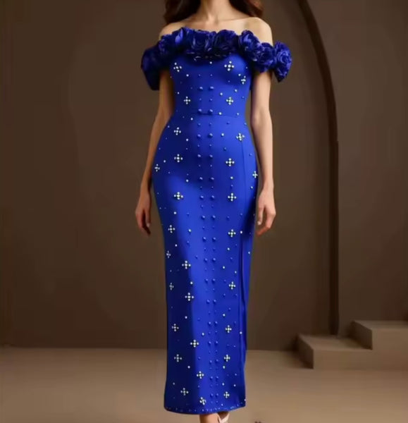 Women Floral Strapless Beaded Rhinestone Maxi Dress