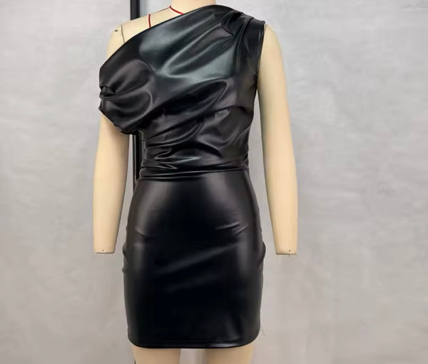 Women Sexy PU Ruched Short Sleeve Dress
