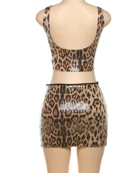 Women Sexy Sleeveless Sequins Leopard Two Piece Skirt Set