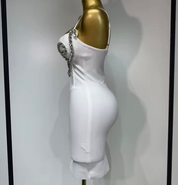Women Sexy Sleeveless White Rhinestone Bandage Dress