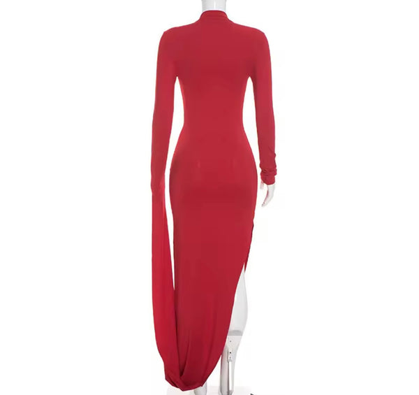 Women Sexy Red Asymmetrical Full Sleeve Maxi Dress