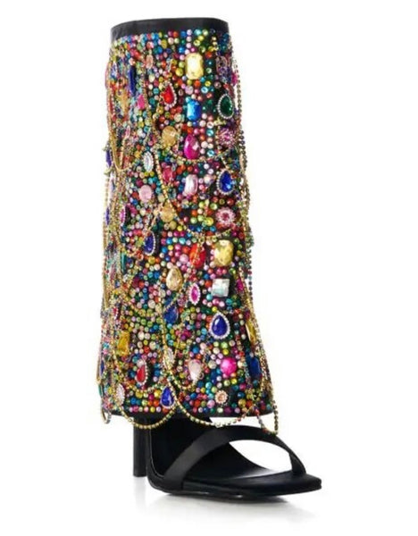 Women Open Toe Colorful Crystal Chain High Heel Boots