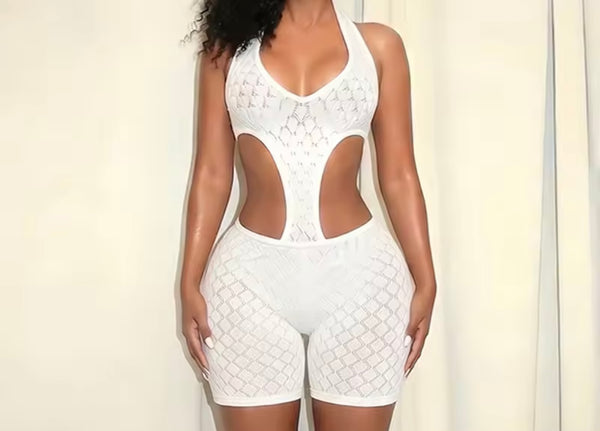 Women Sexy Halter Sleeveless Open Back Mesh Romper