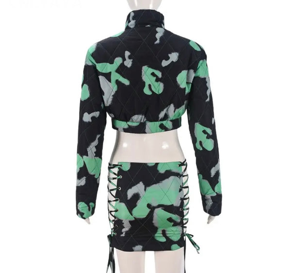 Women Fashion Printed Jacket Two Piece Lace Up Skirt Set