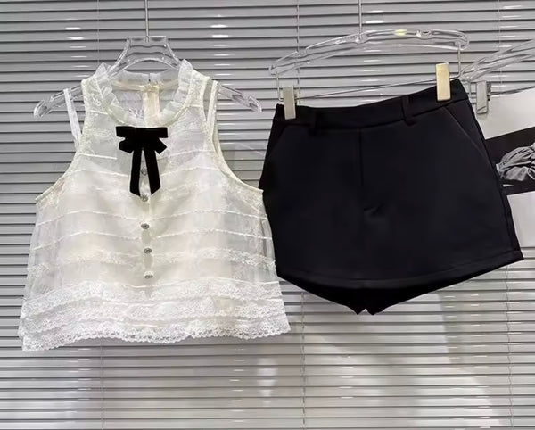 Women Bow Button Up Sleeveless Two Piece Wrap Short Set