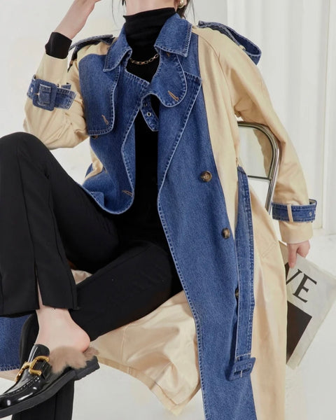 Women Fashion Khaki Denim Patchwork Trench Jacket