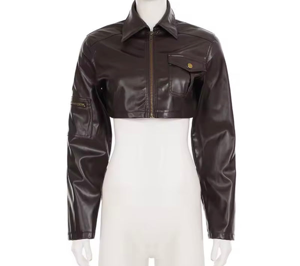 Women Brown Fashion Zip Up Faux Leather Crop Jacket