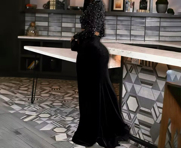 Women Sexy Sequins Full Sleeve Crop Two Piece Velour Skirt Set