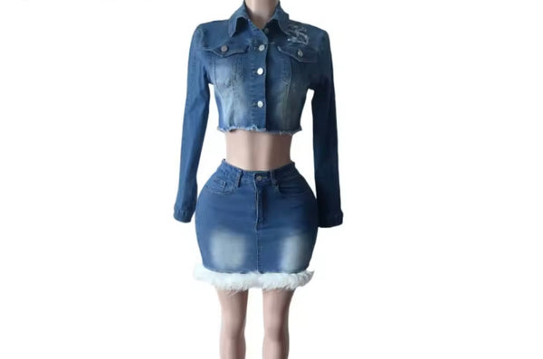Women Sexy Fashion Fur Denim Crop Jacket Two Piece Skirt Set
