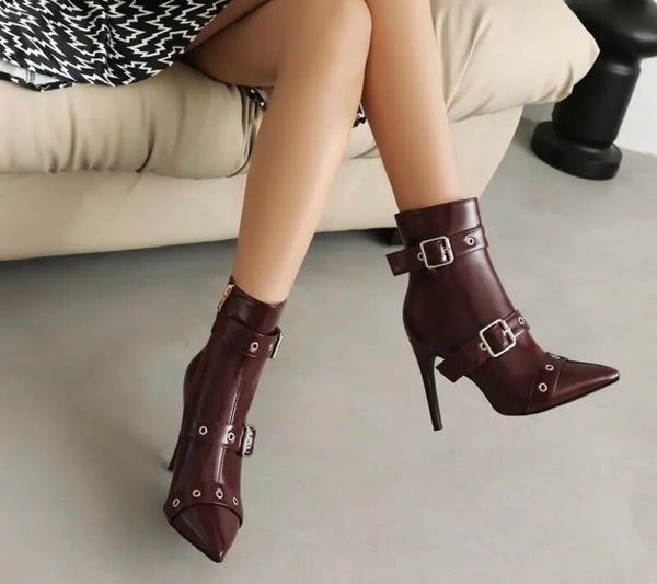 Women Fashion Pointed Toe Buckled Faux Leather Ankle Boots