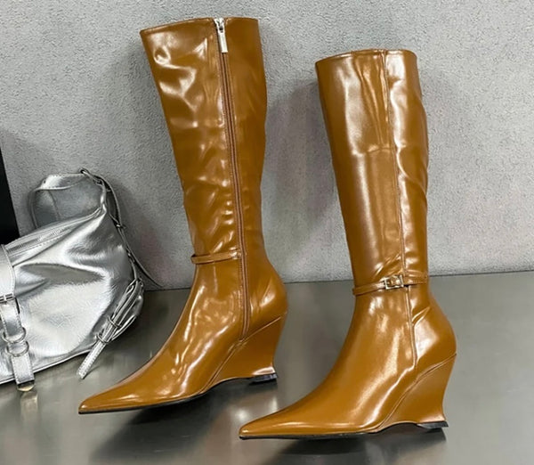 Women Fashion Pointed Toe Patent Leather Buckled Wedge Boots