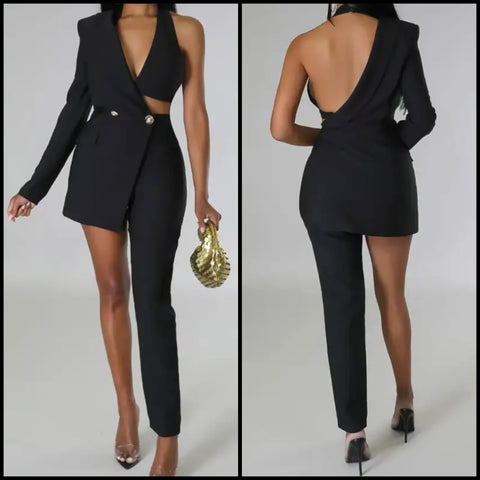 Women Black Sexy Fashion One Side Cut Out Full Sleeve Jumpsuit