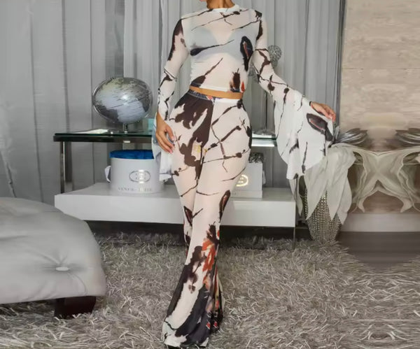 Women Sexy Printed Mesh Flare Full Sleeve Two Piece Pant Set