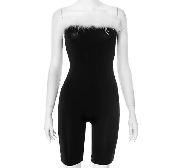 Women Sexy Fashion Feather Strapless B&W Romper