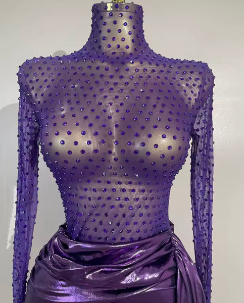 Women Sexy Purple Open Back Full Sleeve Rhinestone Dress