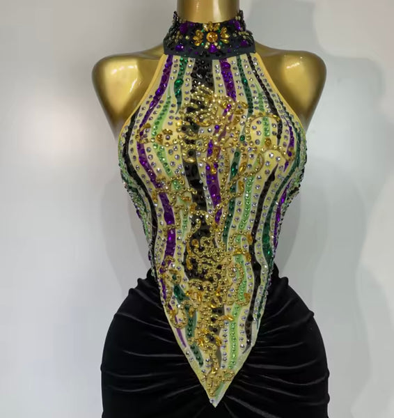 Women Halter Sleeveless Velvet Multicolored Rhinestone Maxi Dress