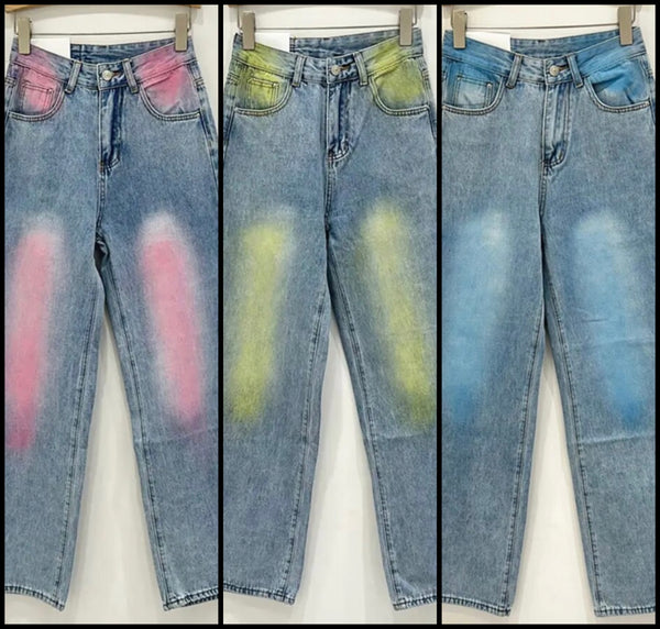 Women Fashion Color Paint Patchwork Denim Pants