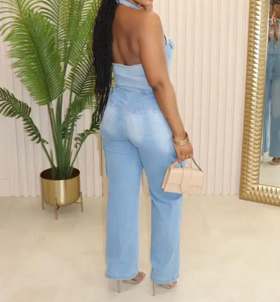 Women Sexy Fashion Button Up Halter Cargo Denim Jumpsuit