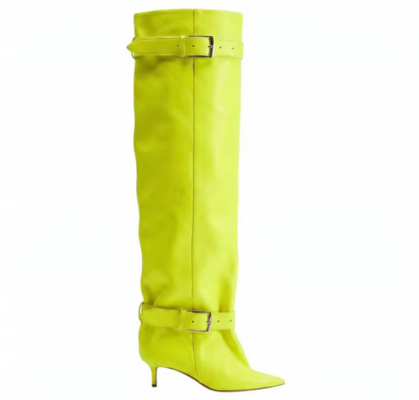 Women Pointed Toe Double Buckle Knee High Boots