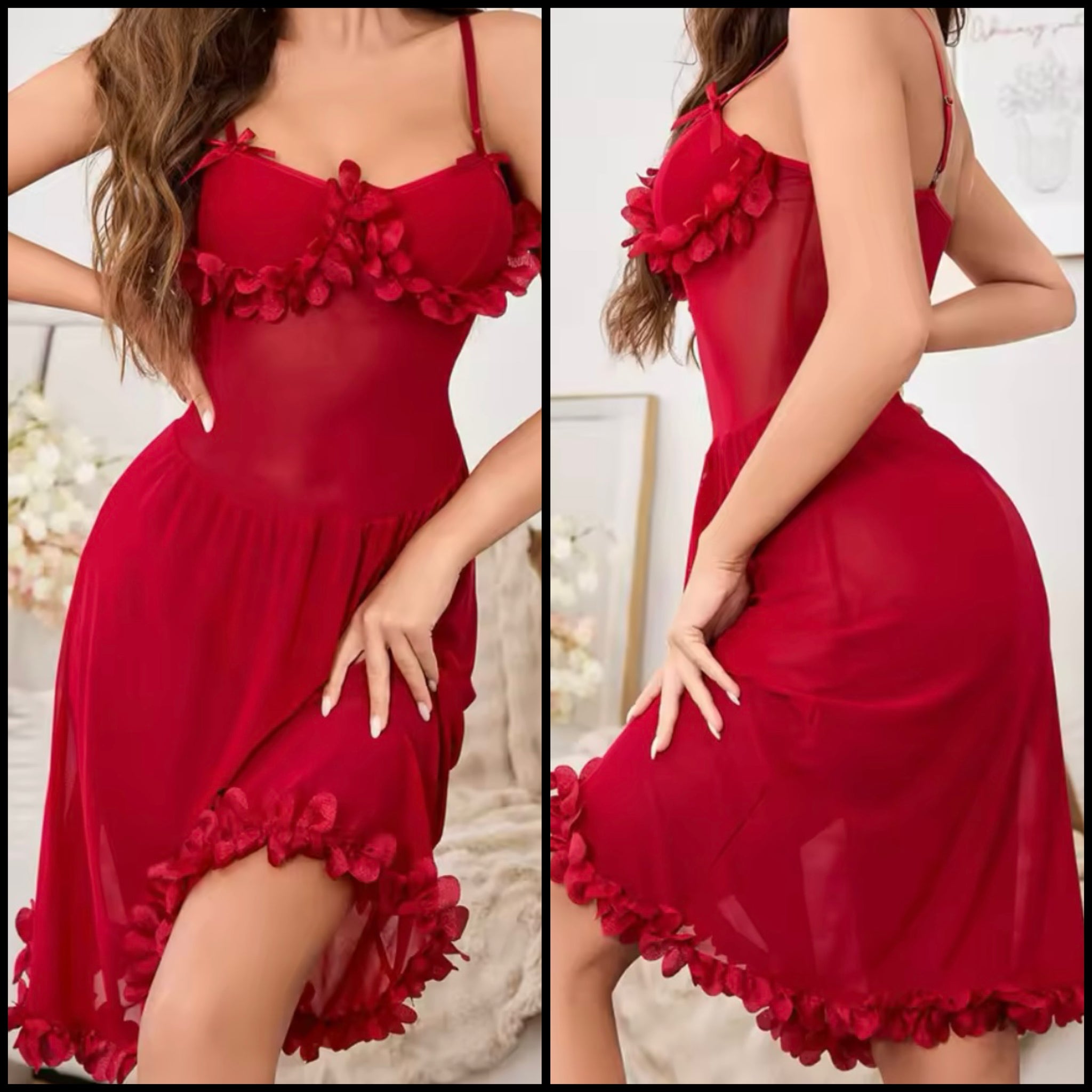 Women Sexy Red Ruffled Sleeveless Mesh Nightgown