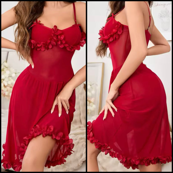 Women Sexy Red Ruffled Sleeveless Mesh Nightgown