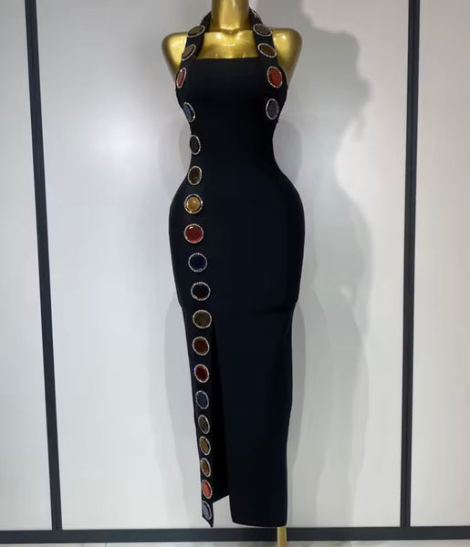 Women Black Halter Sleeveless Color Crystal Sexy Maxi Dress