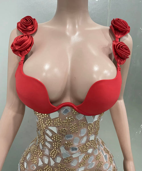 Women Sexy Sleeveless Red Mirror Rhinestone Maxi Dress