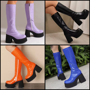 Women Color Fashion Platform Patent Leather Knee High Boots