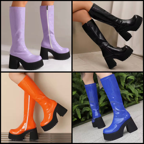 Women Color Fashion Platform Patent Leather Knee High Boots