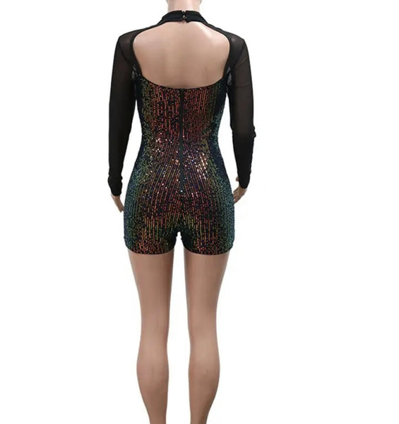 Women Sexy Feather Mesh Sequins Full Sleeve Romper