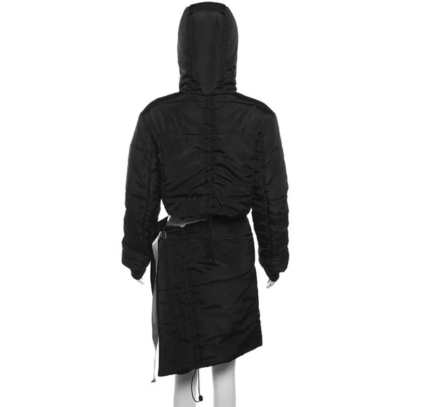 Women Black Hooded Drawstring Two Piece Jacket Skirt Set