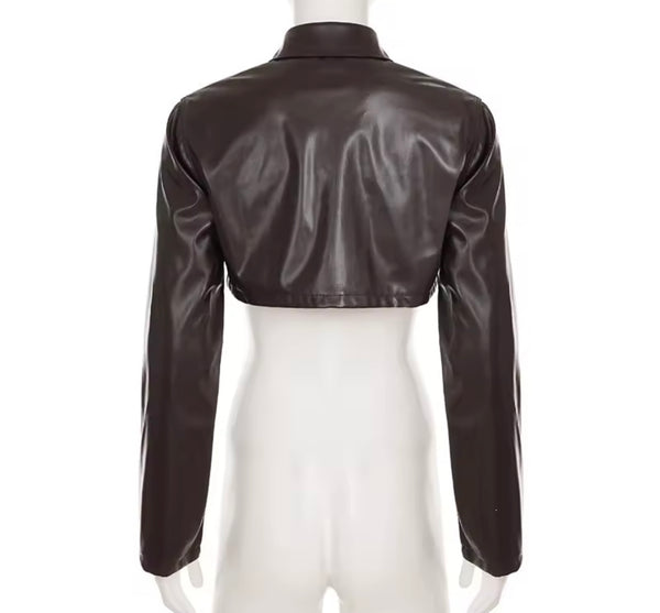 Women Brown Fashion Zip Up Faux Leather Crop Jacket