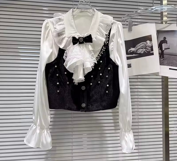 Women B&W Ruffled Bow Full Sleeve Rhinestone Suede Three Piece Skirt Set