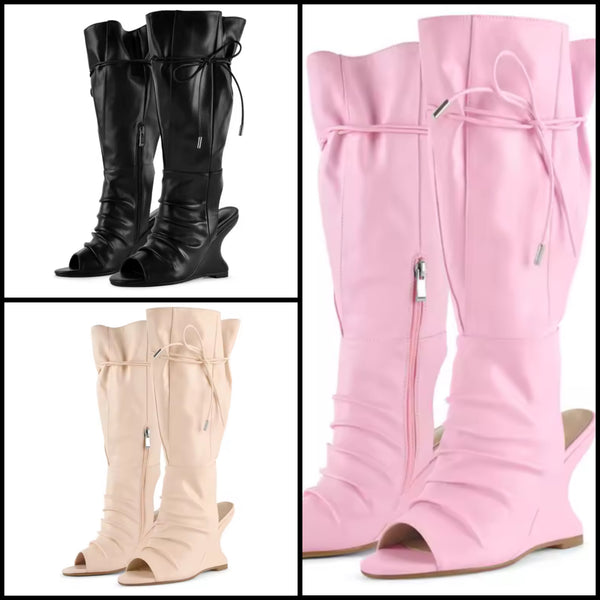 Women Fashion Open Toe Ruched Wedge Knee High Boots