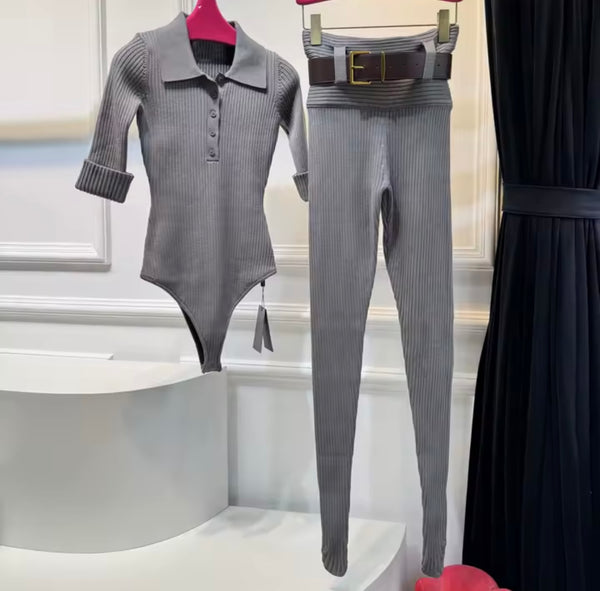 Women Ribbed Short Sleeve Bodysuit Two Piece Feet In Pant Set